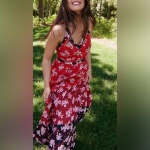 Loft Women's Zinnia Red Tiered Floral Maxi Dress with Pockets Size 4